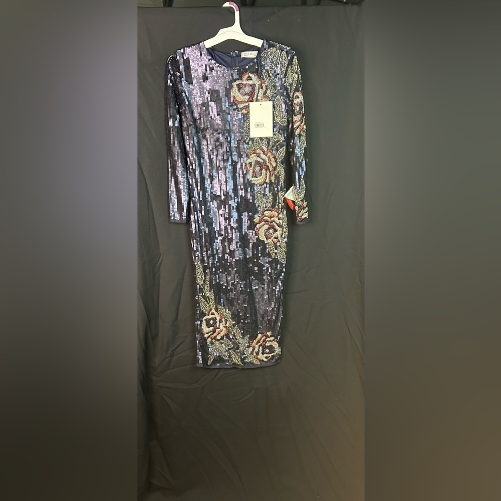 Mac Duggal 93624 NWT SEQUINED ASYMMETRICAL FLORAL LONG SLEEVE MIDI DRess - Picture 5 of 10